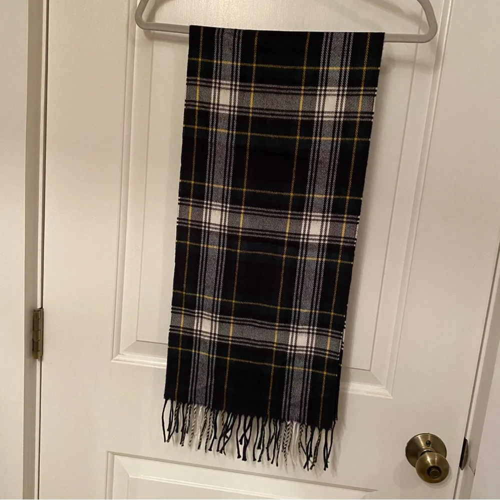 CHRISTIAN DIOR MENS SCARF BLUE WHITE PLAID MUFFLER ACCESSORY FRINGE VINTAGE